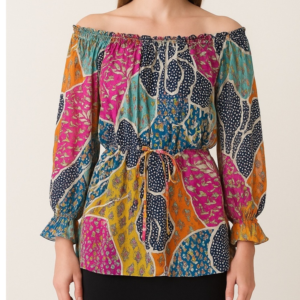Diane von Furstenberg Camila Silk Top‎ Size 2 Multicolor Boho Peasant Blouse